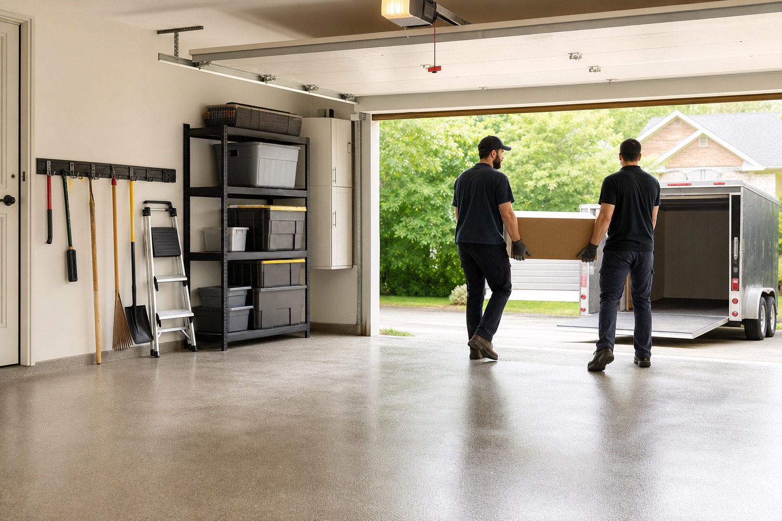 Clean garage after junk removal with workers carrying the last box