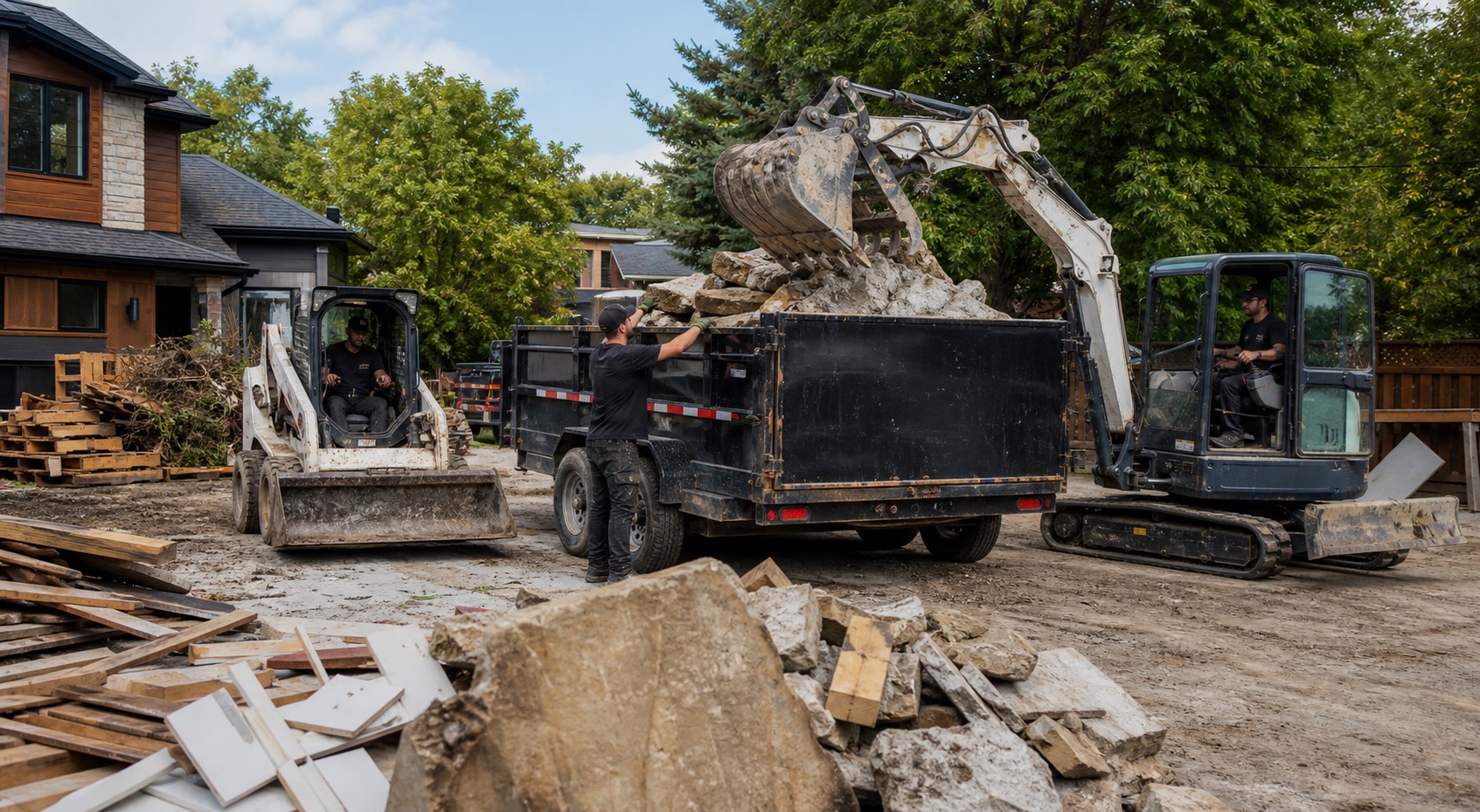 Compact excavator and skid steer loading concrete debris into a dump trailer