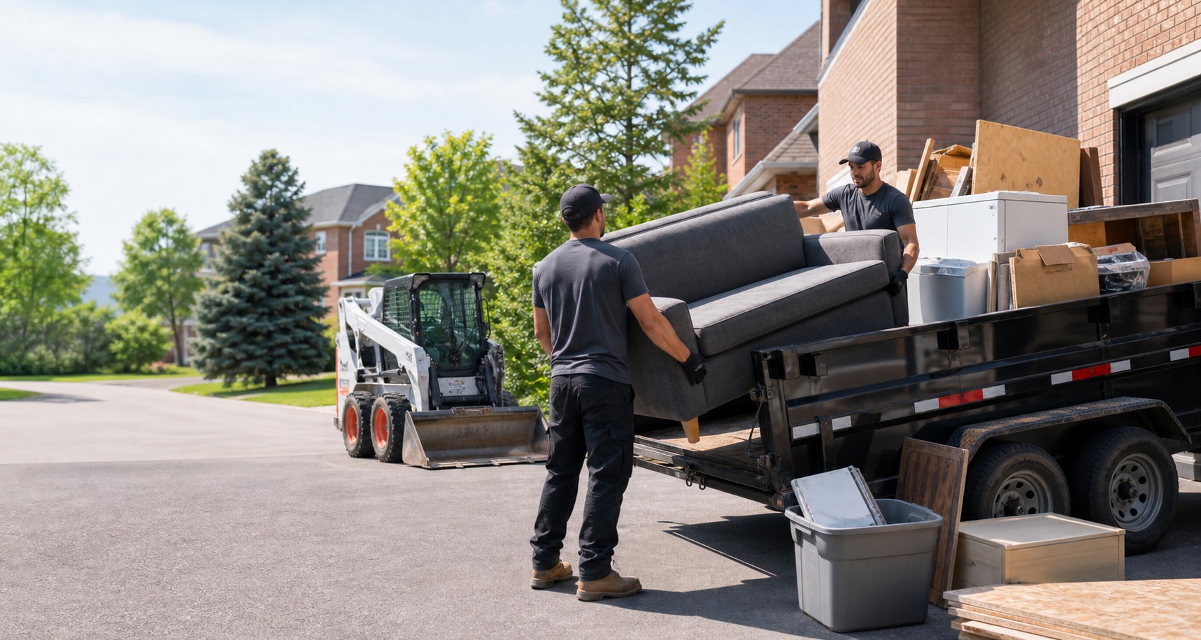 Junk removal crew loading a sofa into a dump trailer in a driveway